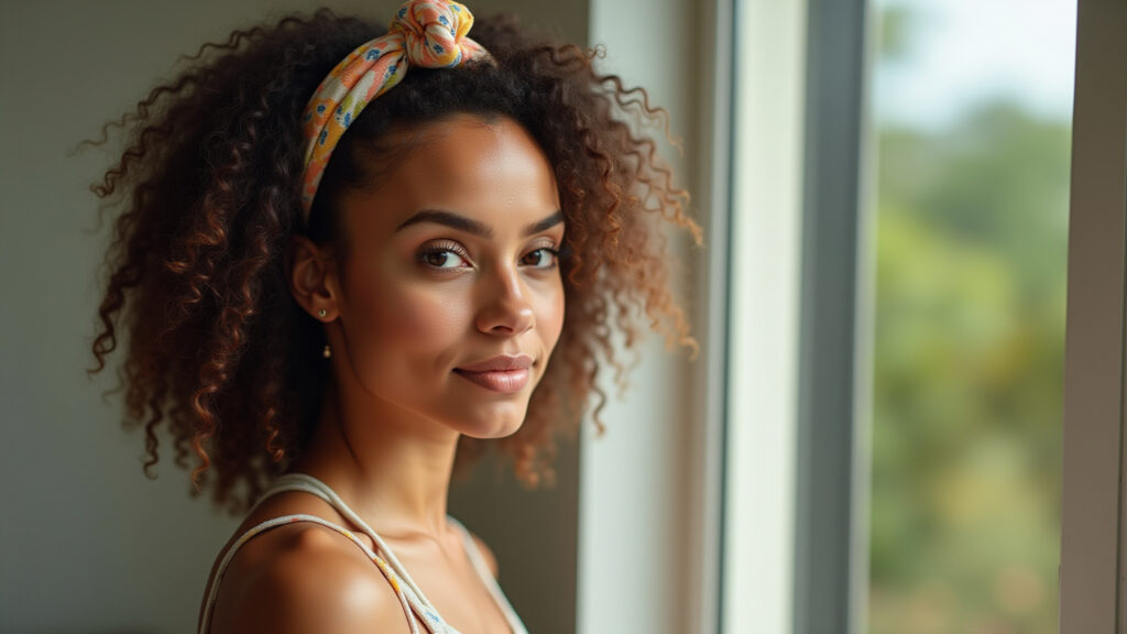 Woman with curly hair wearing a knotted headband, natural light, professional photography, 8K Cacheada charmosa com headband de nó.