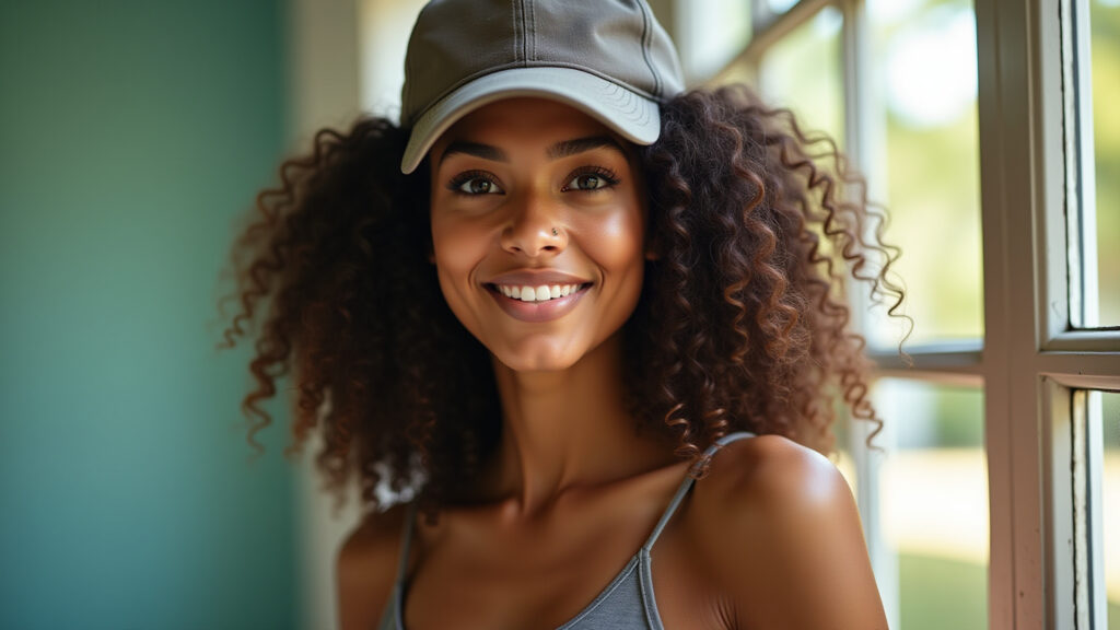 Woman with curly hair wearing a stylish cap, natural light, professional photography, 8K quality, Cacheada com boné estiloso protegendo do sol.