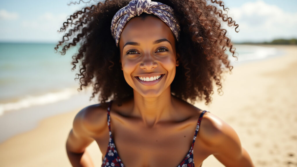 Woman with curly hair wearing a turban headband on a beach, natural light, professional Cacheada estilosa com tiara turbante na praia.