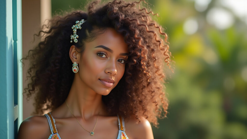 Woman with curly hair wearing jeweled hair accessories, natural light, professional photography, 8K Cacheada com acessórios de pedraria no cabelo.