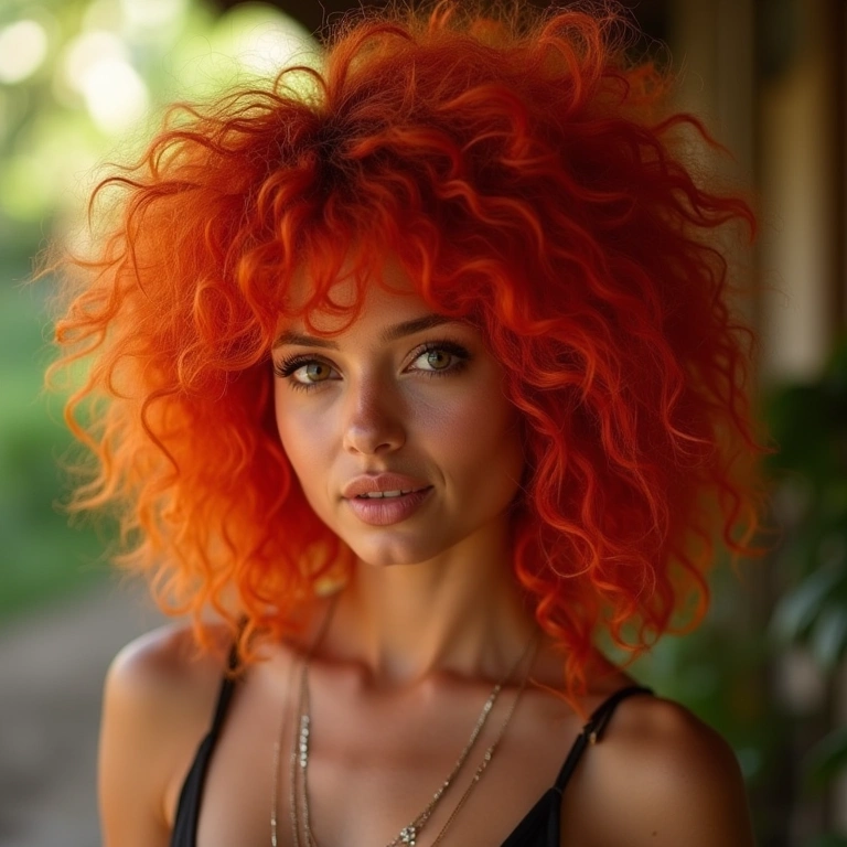 Woman with curly red wig, Brazilian style, natural lighting, lifestyle photography, 8K quality, Mulher ruiva cacheada usando peruca vibrante.