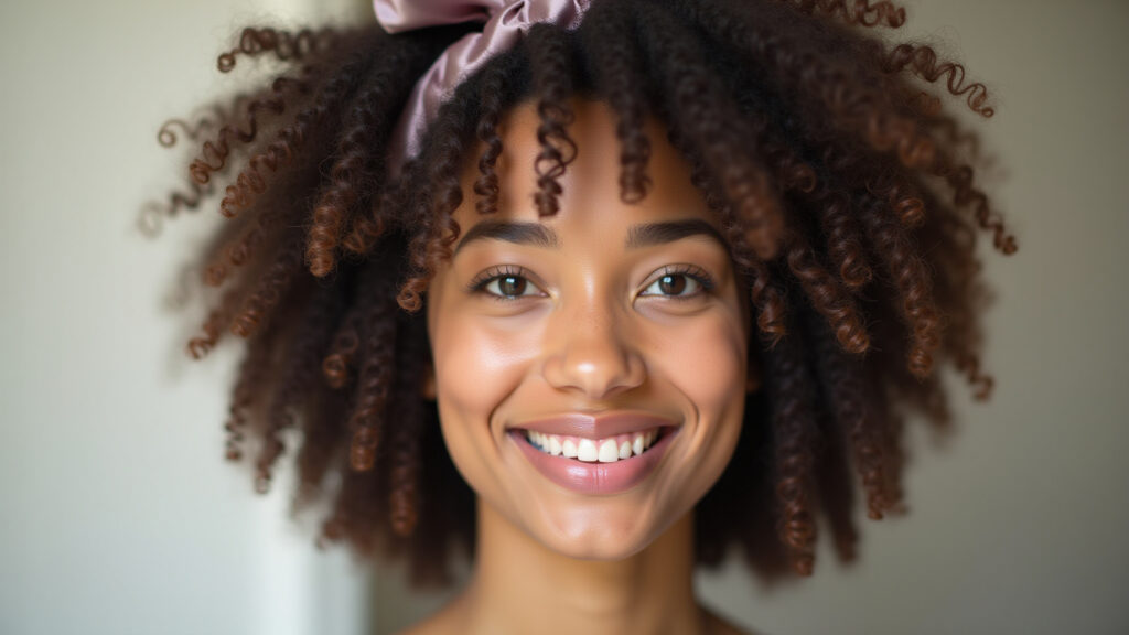 Woman with defined curls after plopping, wearing a satin bonnet, soft light, lifestyle photography, Cachos definidos no day after com plopping.