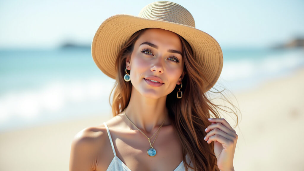 Woman with loose hair and accessories, summer hat, beach, lifestyle photography, 8K quality, sharp Cabelo solto com acessórios, liberdade.