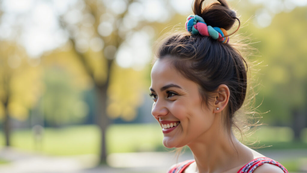 Woman with messy high bun, colorful scrunchie, bright sunny day, lifestyle photography, 8K quality, Coque alto bagunçadinho com elástico colorido.