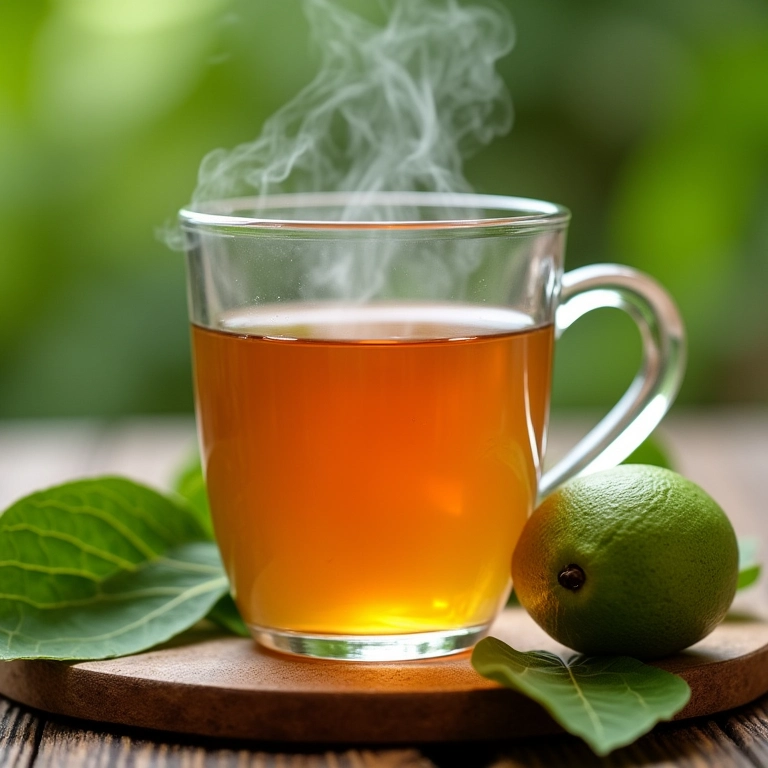Xícara de chá de folha de goiabeira com folhas frescas ao lado.