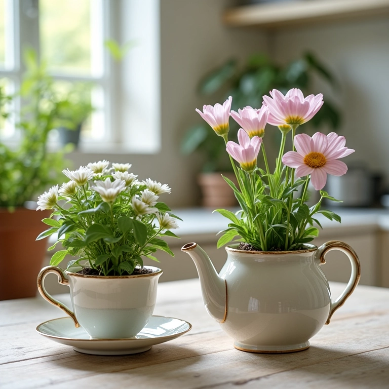 Xícaras e bules antigos reaproveitados como vasos para pequenas plantas.