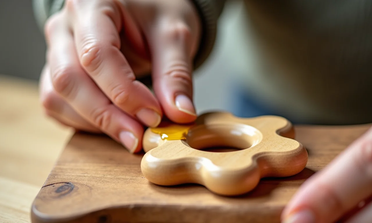 Acabamento natural em mordedor de madeira para bebê.