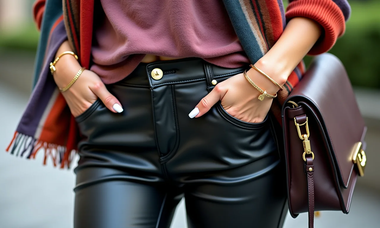 Acessórios com calça de couro fake preta.