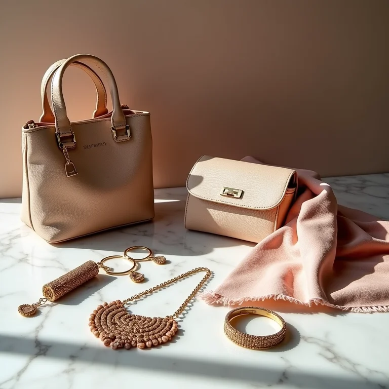 Acessórios de moda dispostos em uma superfície de mármore