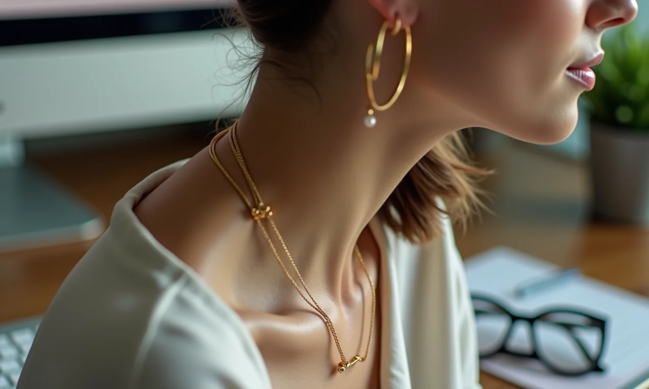 Acessórios delicados como brincos de argola e colar fazem toda a diferença no look.