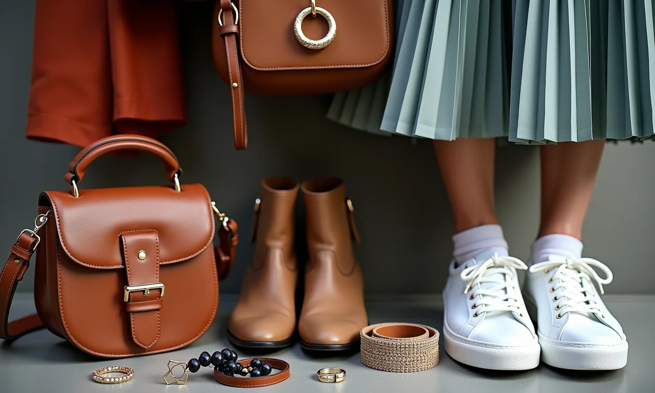 Acessórios diversos ao lado de saia midi e tênis branco.