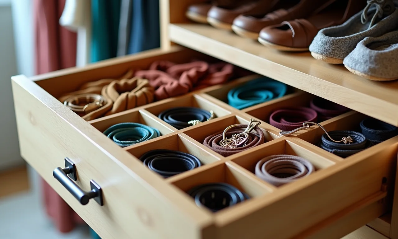 Acessórios organizados em gavetas com divisórias.