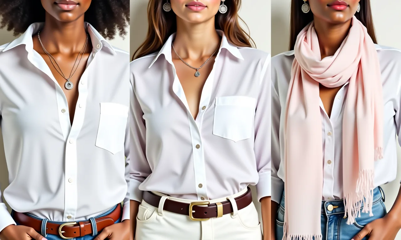 Acessórios que combinam com camisa branca: colares, cintos e lenços.