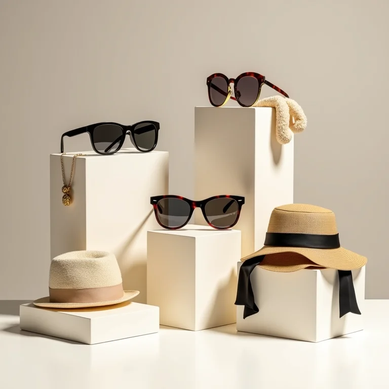 Acessórios virtuais como óculos de sol, chapéus e joias em um suporte minimalista.