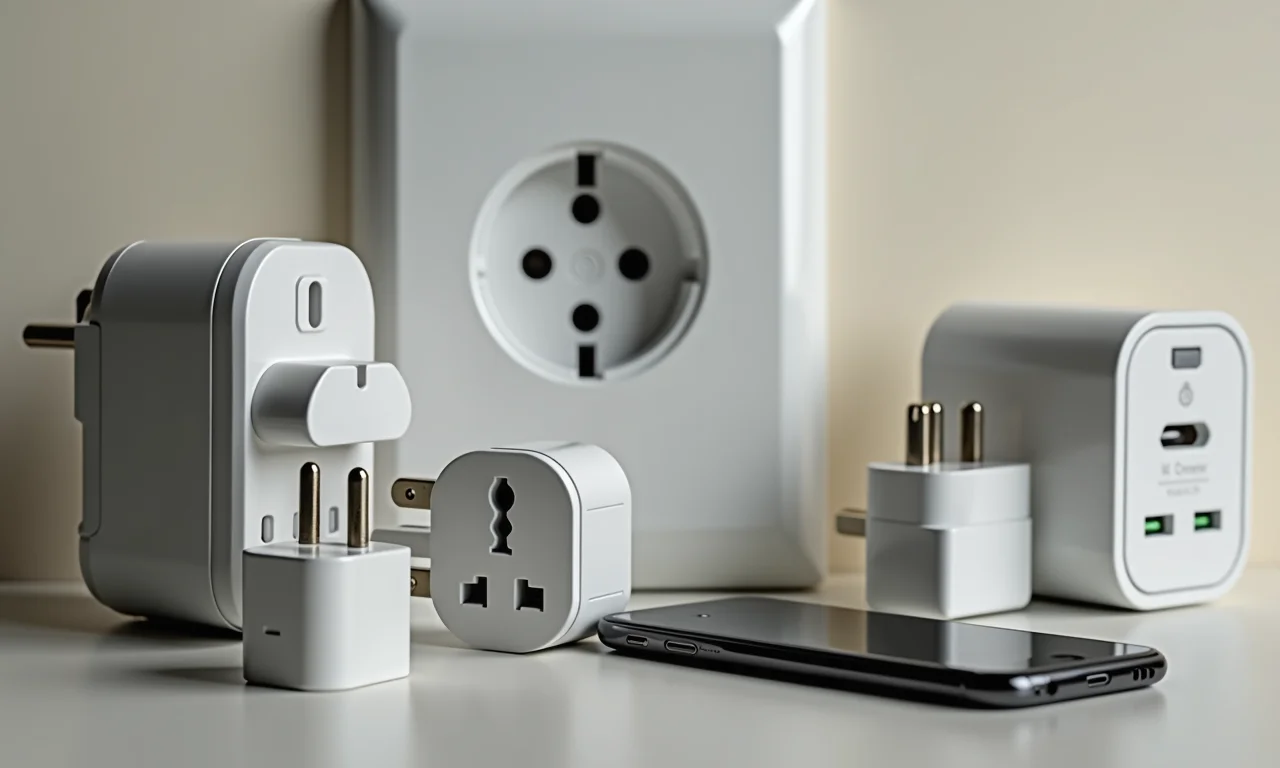 Adaptadores de tomada ao lado de tomada europeia, com smartphone carregando.