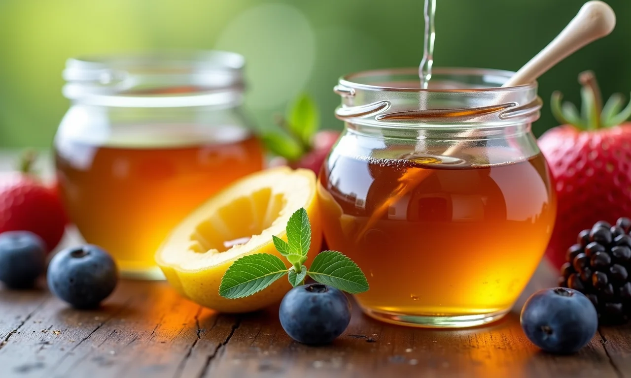 Adoçantes naturais como mel, maple syrup e stevia com frutas frescas.