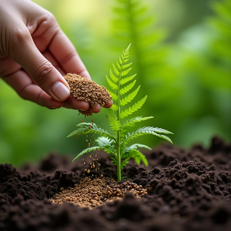 Adubação de samambaia com fertilizante granulado.