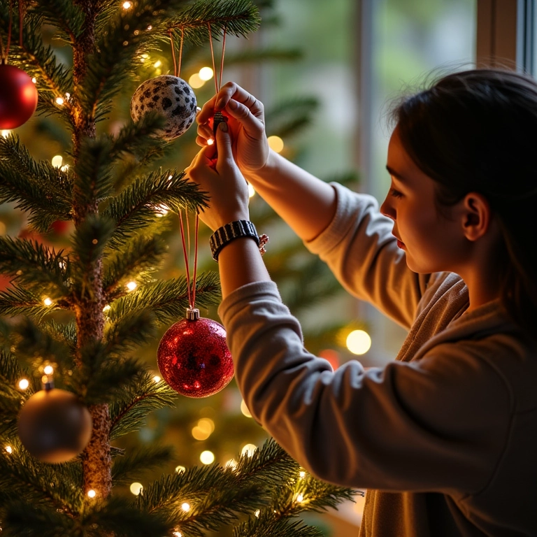 Adultos decorando árvore de Natal sustentável com enfeites naturais.