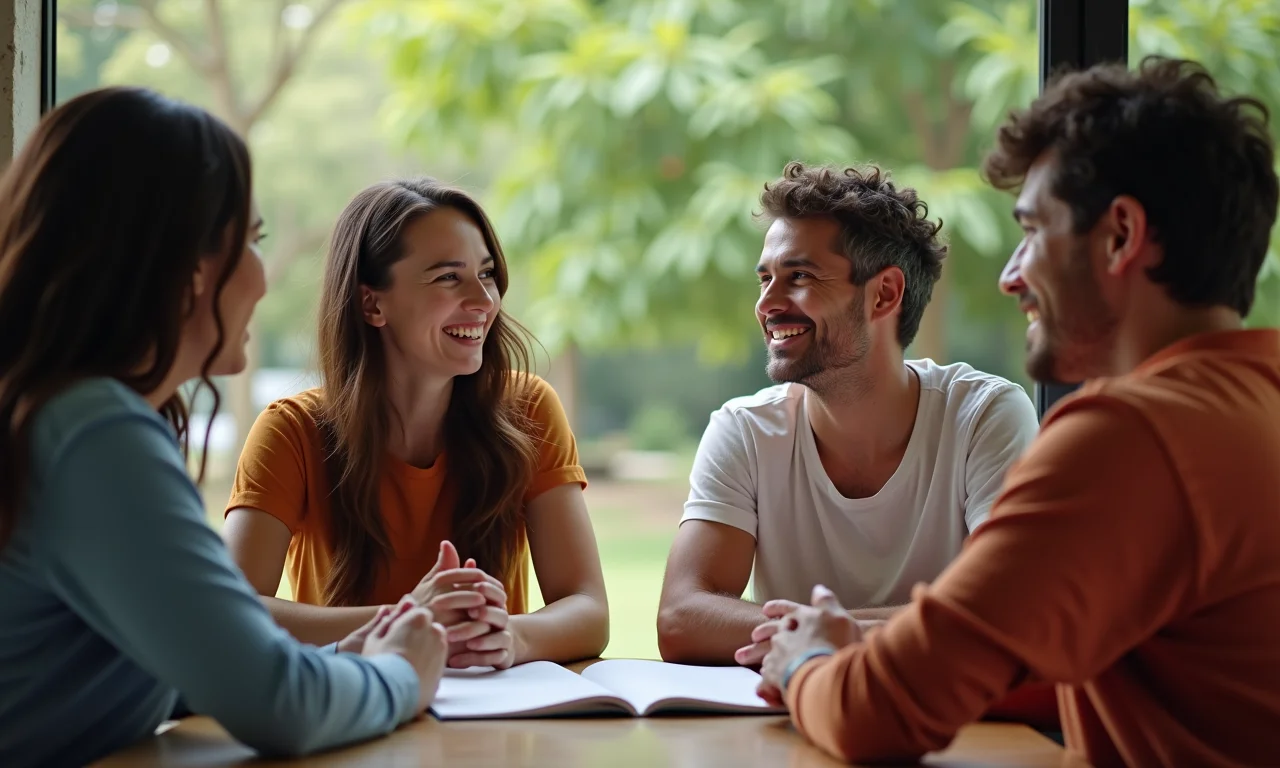 Adultos diversos conversando calmamente, praticando a comunicação não violenta.