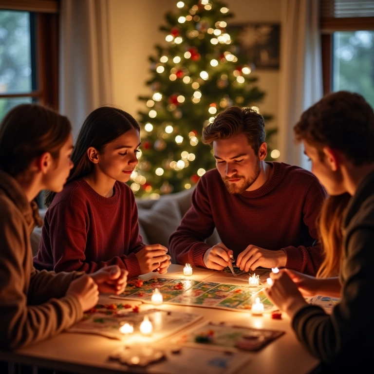 Adultos jogando jogos de tabuleiro e mímica durante o Natal.