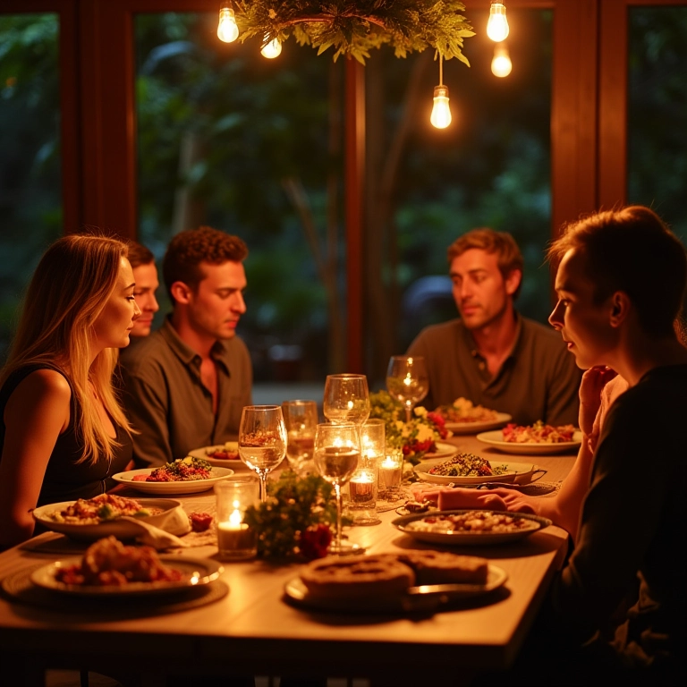 Adultos saboreando ceia de Natal com pratos tradicionais brasileiros.