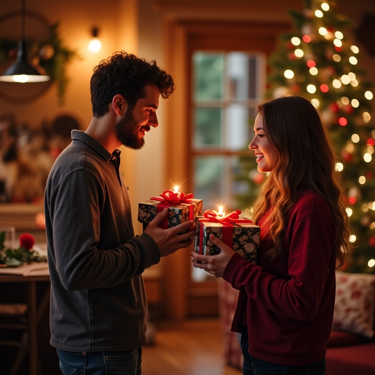 Adultos trocando presentes de Natal criativos e personalizados.