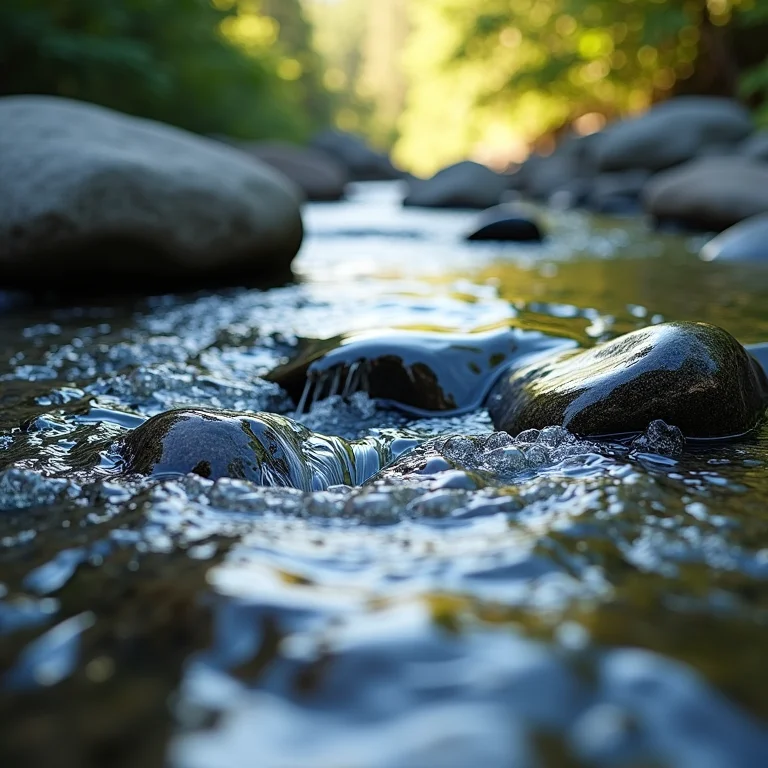 Água corrente sobre pedras lisas em um rio ensolarado