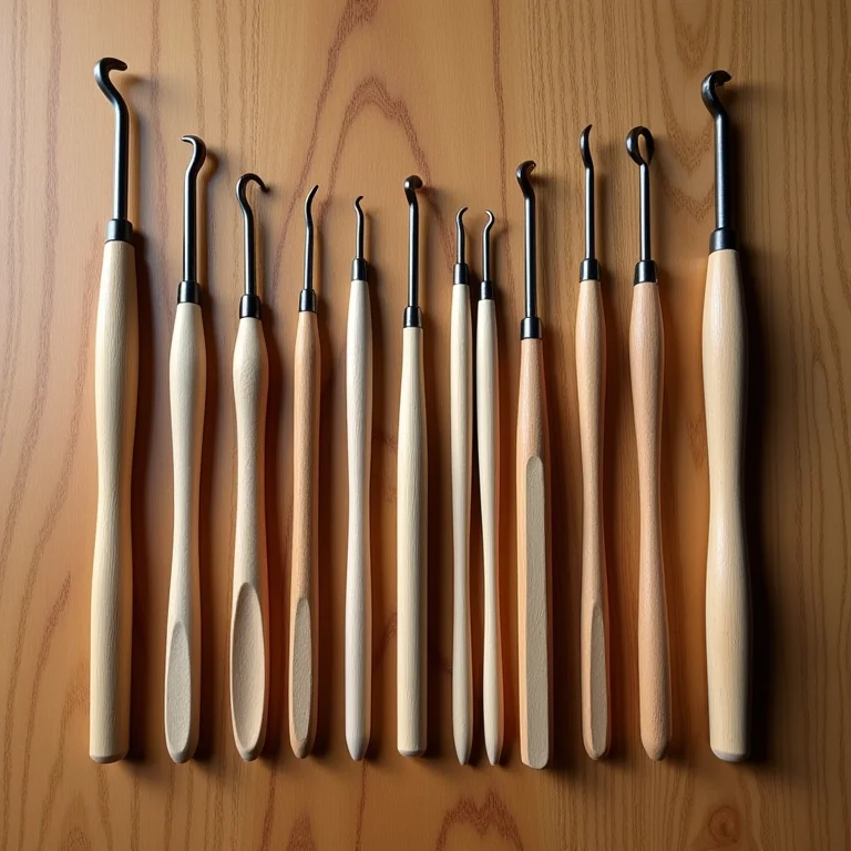 Agulhas de crochê de diferentes tamanhos dispostas em um fundo de madeira.