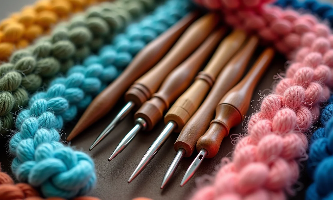 Agulhas de crochê e fios náuticos coloridos em close-up.