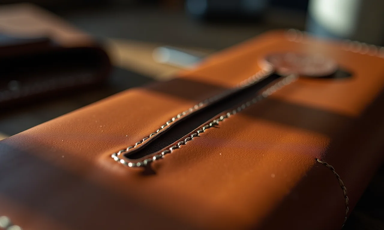 Agulhas e linhas costurando couro à mão.