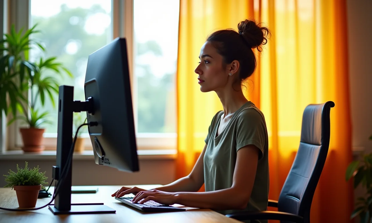 Ajustando a altura do monitor para postura correta.