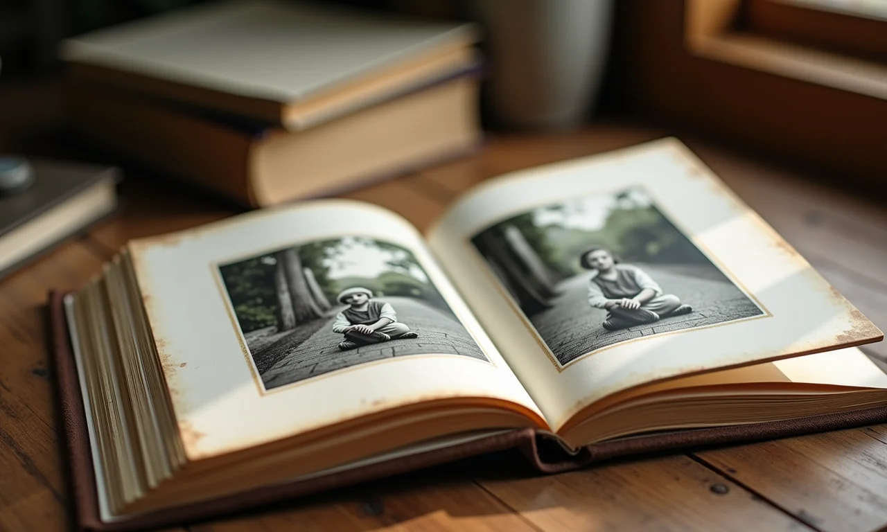 Álbum de fotos artesanal aberto com fotos antigas em mesa de madeira.