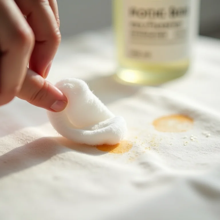 Algodão sendo usado para limpar mancha em tecido com acetona.