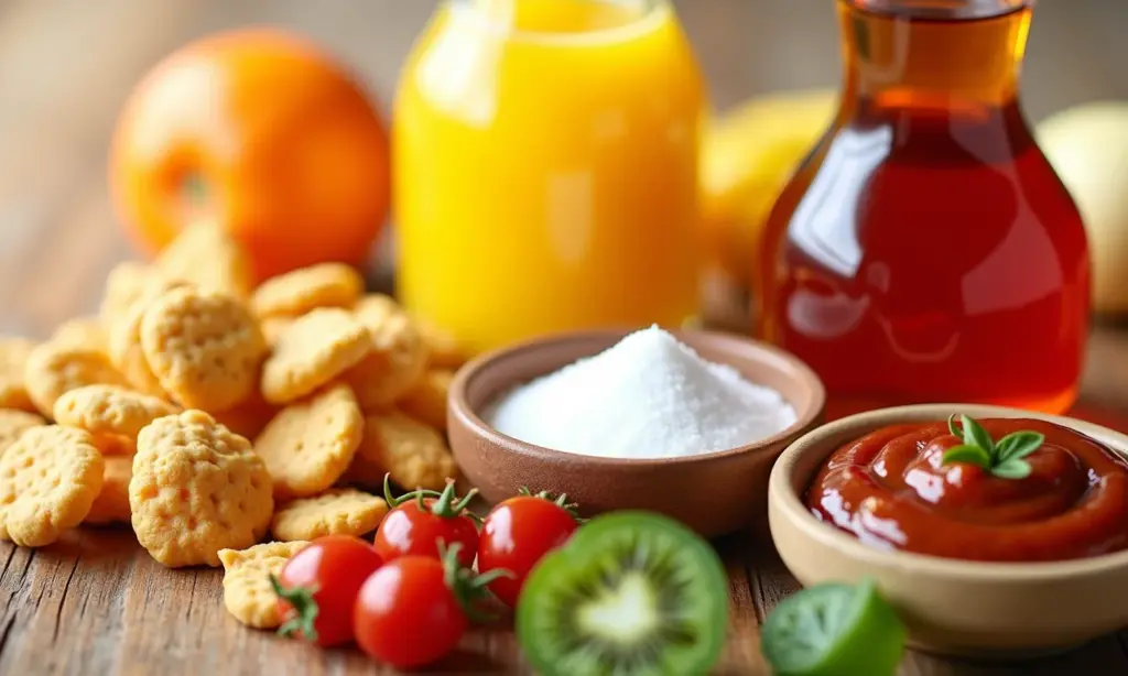 Alimentos comuns com açúcares escondidos, como refrigerantes, molhos e cereais processados.