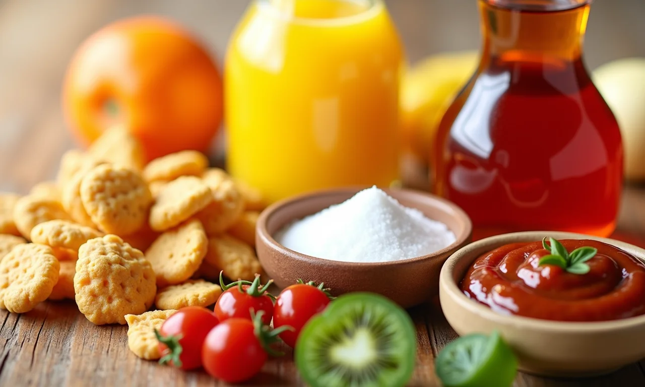 Alimentos comuns com açúcares escondidos, como refrigerantes, molhos e cereais processados.