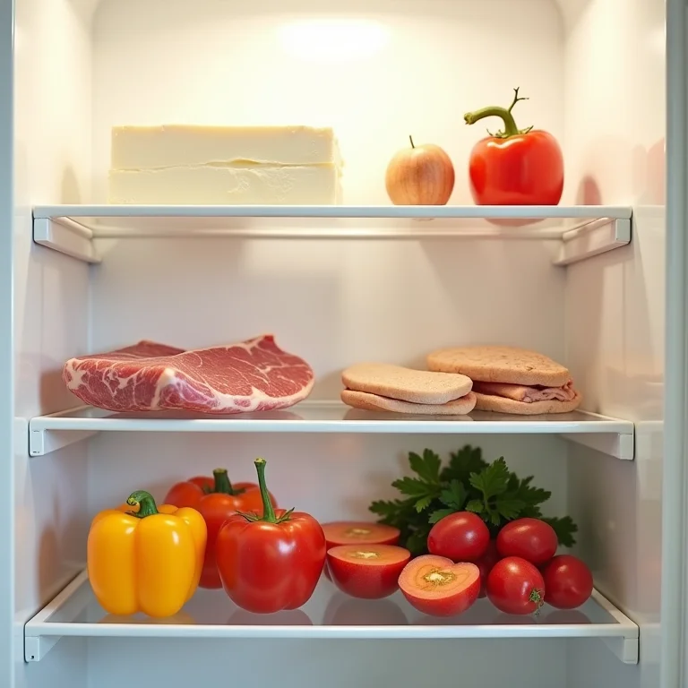 Alimentos organizados corretamente nas prateleiras da geladeira.