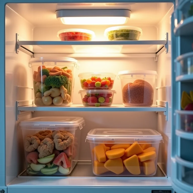 Alimentos prontos para consumo nas prateleiras do meio da geladeira.