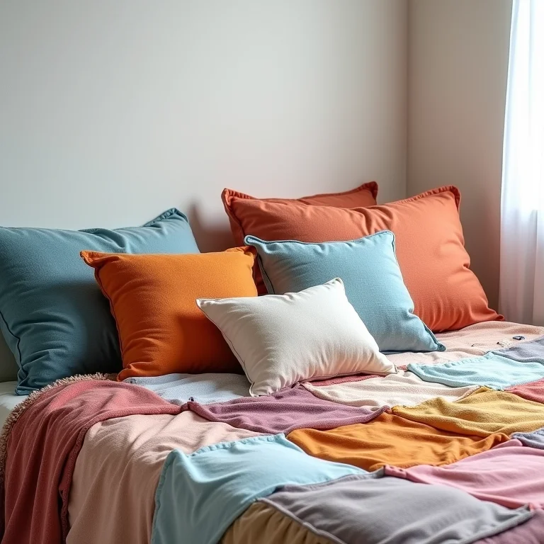 Almofadas coloridas e colcha de patchwork feitas com roupas antigas.