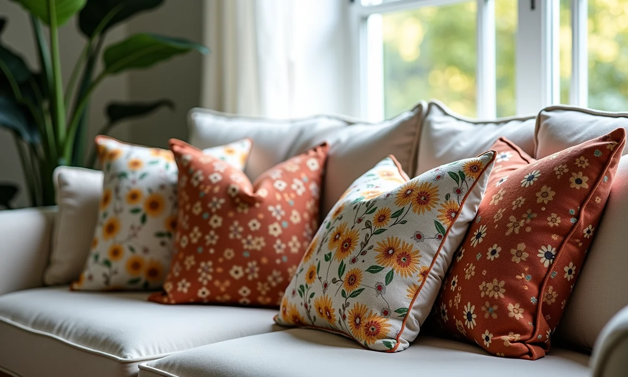 Almofadas decorativas com estampas brasileiras em sala de estar aconchegante.