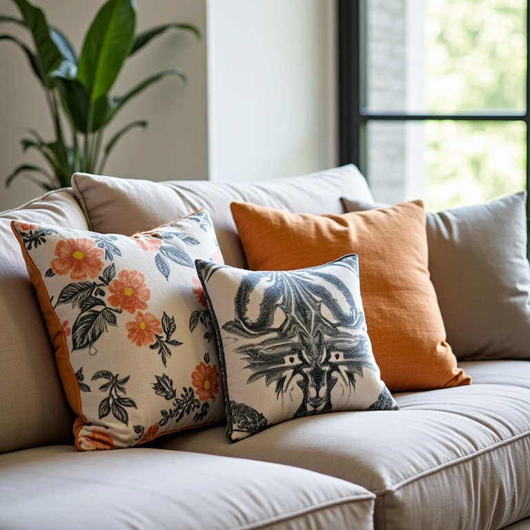 Almofadas decorativas criativas com padrões e texturas únicas em uma sala de estar.