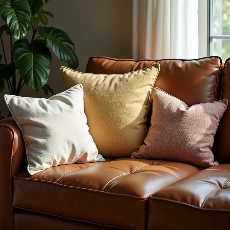 Almofadas sem graça em sofá de couro marrom