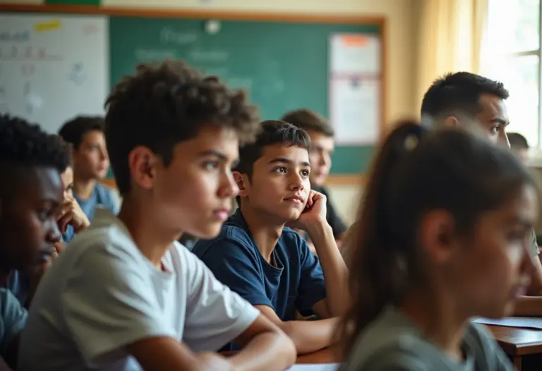 Alunos diversos em sala de aula, expressando diferentes emoções.