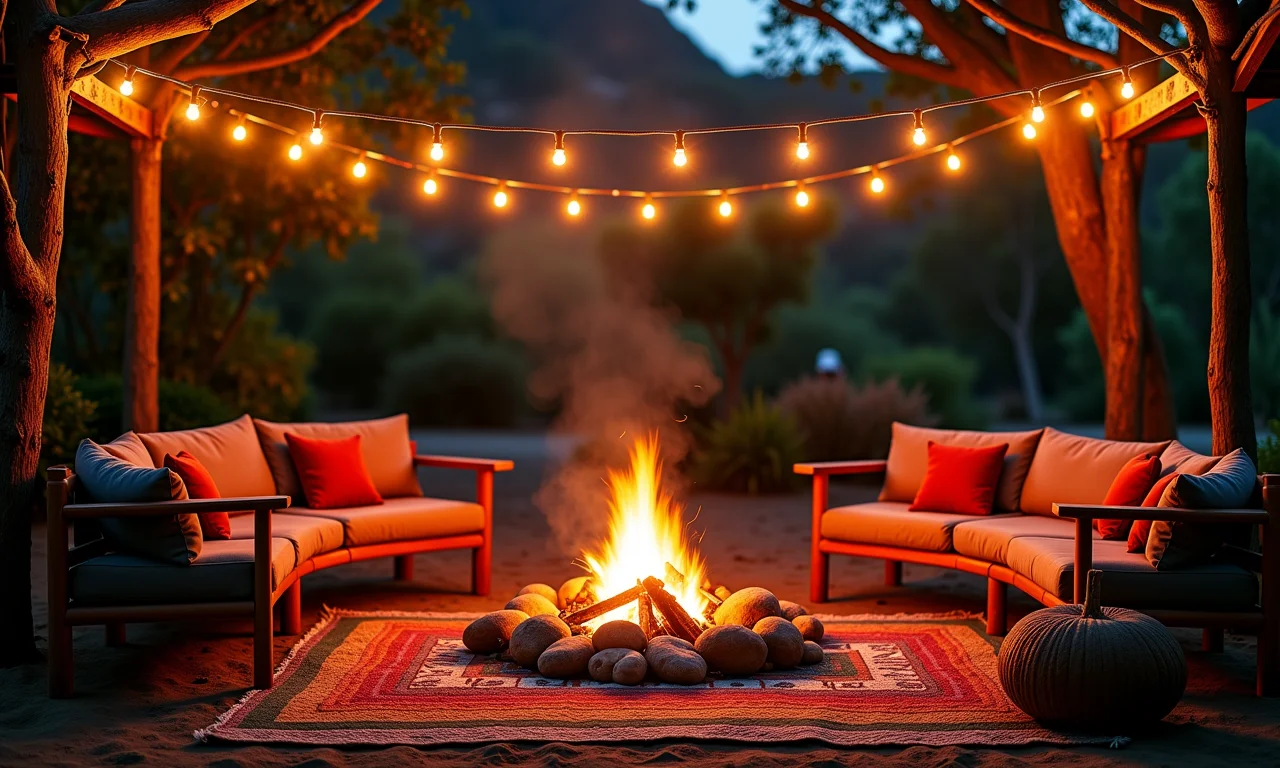 Ambiente acolhedor com fogueira, luzes decorativas e mantas coloridas.