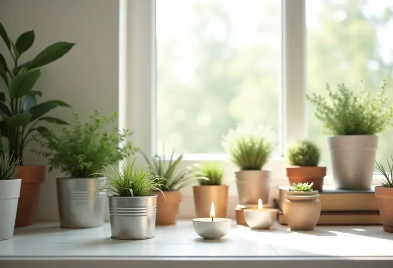 Ambiente clean e iluminado com latas decorativas.