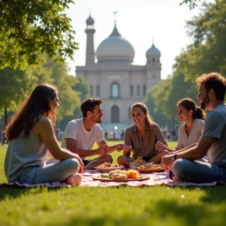 Amigos fazendo piquenique em parque com monumento histórico ao fundo.