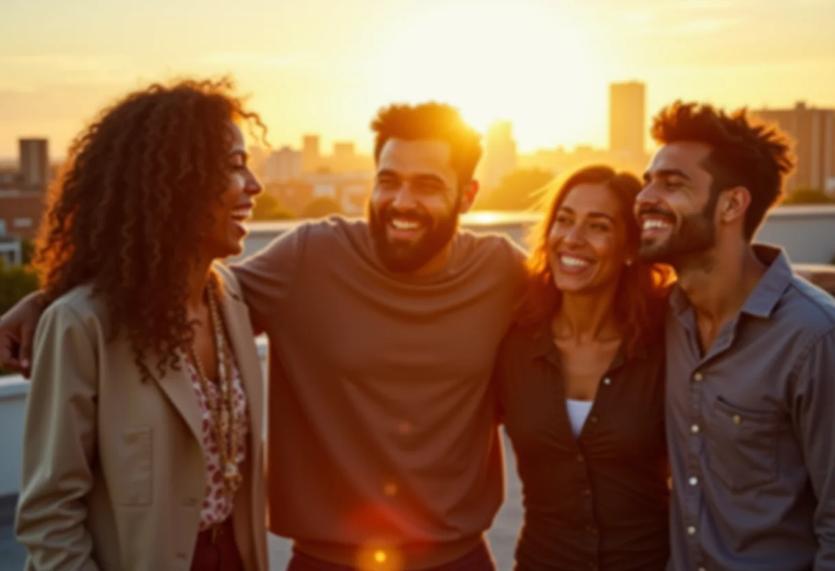 Amigos reunidos em um terraço ensolarado