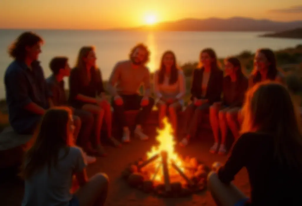 Pare de acumular coisas e comece a colecionar momentos inesquecíveis Amigos reunidos em volta de uma fogueira compartilhando histórias e risadas.