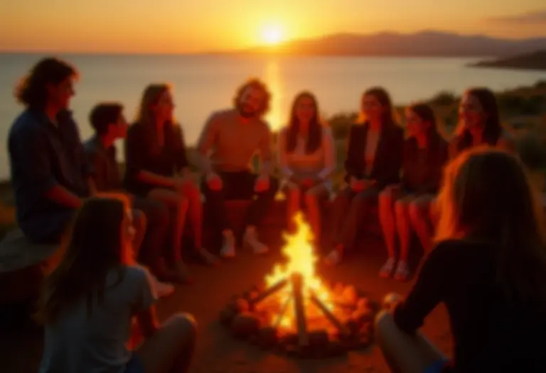 Amigos reunidos em volta de uma fogueira compartilhando histórias e risadas.