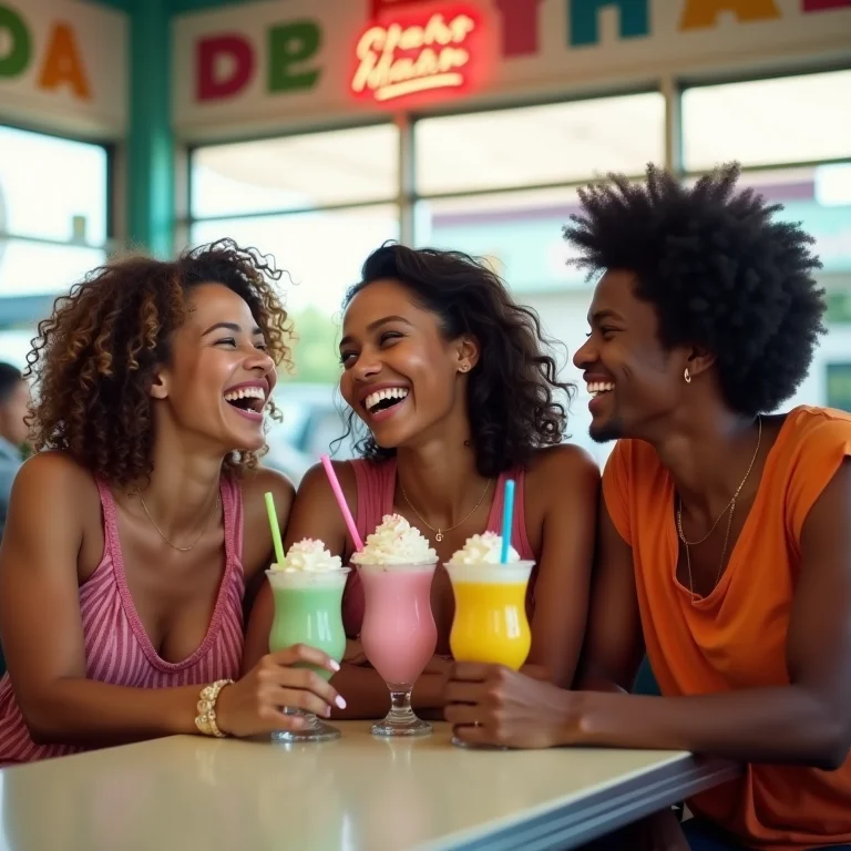 Amigos tomando milkshakes em lanchonete retrô