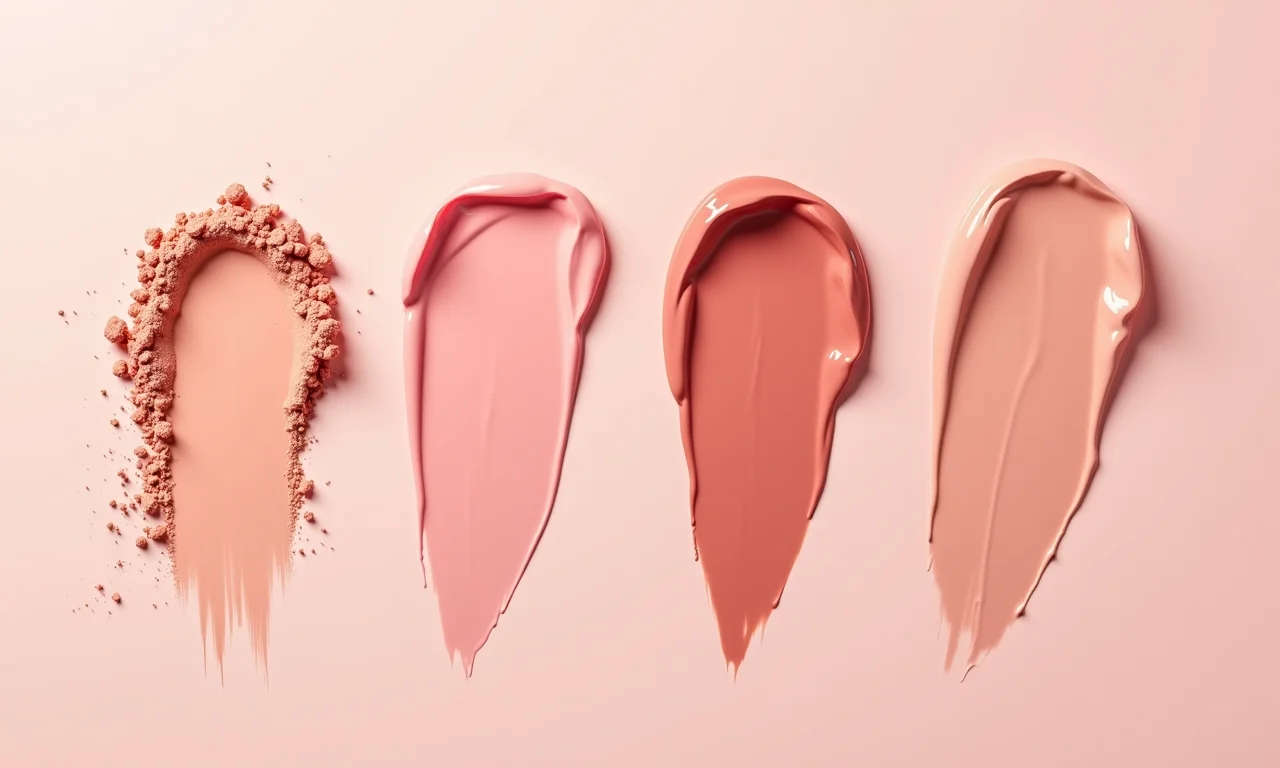 Amostras de blushes com diferentes texturas: pó, creme e líquido.